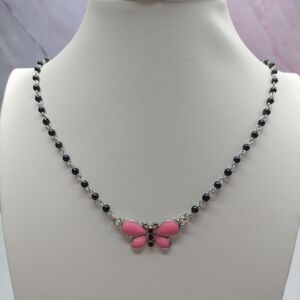 Handmade Butterfly Focal Black Beads Dainty Beaded Chain Necklace